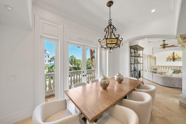 30 Pelican Cir, Inlet Beach, FL 32461 - dining room with a chandelier, crown molding, arched walkways, recessed lighting, and french doors