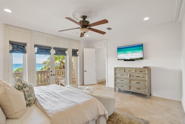 30 Pelican Cir, Inlet Beach, FL 32461 - bedroom with access to exterior, baseboards, crown molding, recessed lighting, and a ceiling fan