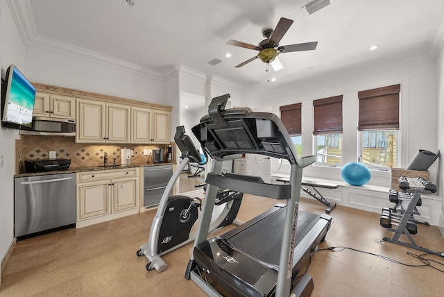 30 Pelican Cir, Inlet Beach, FL 32461 - workout area with a ceiling fan, crown molding, a sink, and recessed lighting