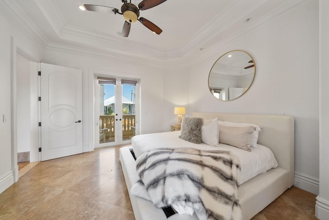 30 Pelican Cir, Inlet Beach, FL 32461 - bedroom featuring access to outside, ornamental molding, a tray ceiling, a ceiling fan, and baseboards
