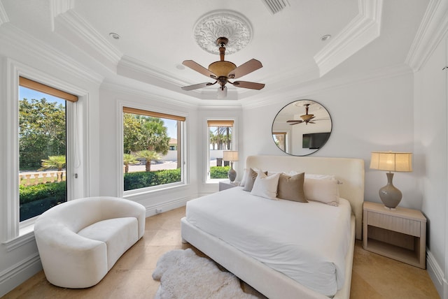 30 Pelican Cir, Inlet Beach, FL 32461 - bedroom with a raised ceiling, multiple windows, crown molding, access to outside, and a ceiling fan