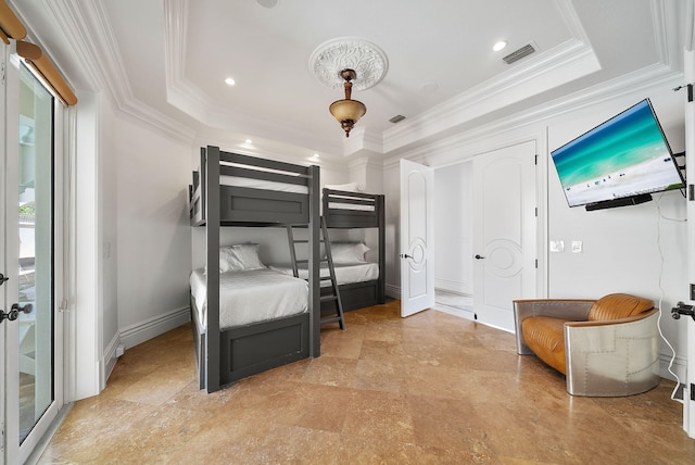30 Pelican Cir, Inlet Beach, FL 32461 - bedroom featuring a raised ceiling, ornamental molding, recessed lighting, and baseboards