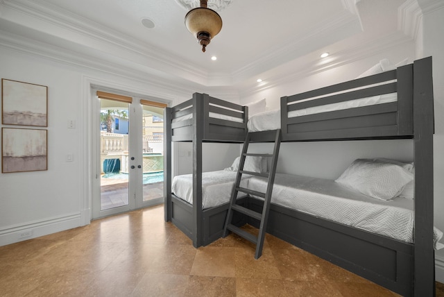 30 Pelican Cir, Inlet Beach, FL 32461 - unfurnished bedroom featuring french doors, ornamental molding, access to outside, a raised ceiling, and recessed lighting