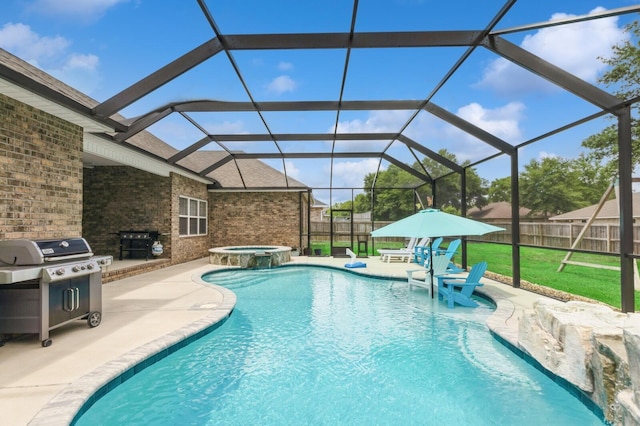 5343 Wyndell Cir, Crestview, FL 32539 - view of swimming pool featuring a patio, glass enclosure, a pool with connected hot tub, and a grill
