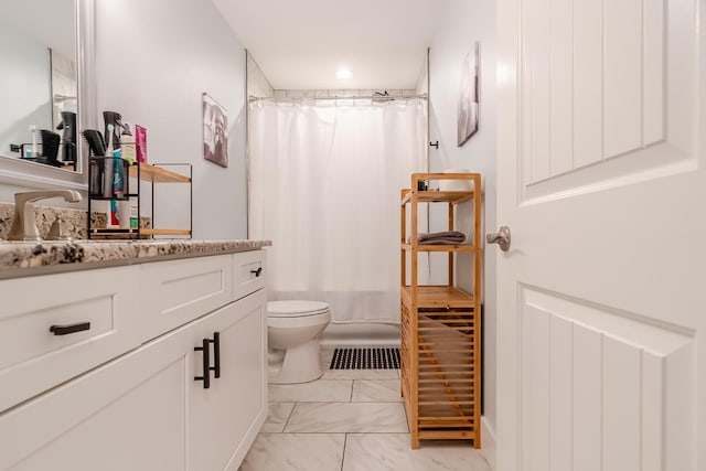 409 Hideaway Ln, Niceville, FL 32578 - full bathroom with vanity, marble look tile flooring, a shower with shower curtain, and recessed lighting