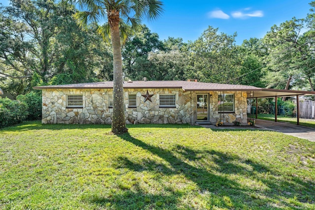 814 Tuxedo Dr, Fort Walton Beach, FL 32547 - ranch-style home with stone siding, a carport, and driveway