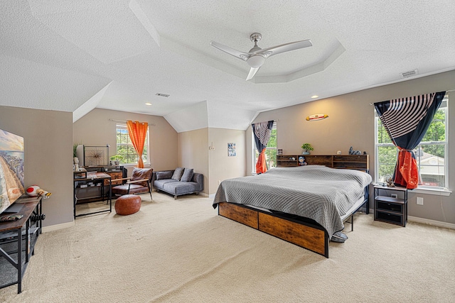 1190 Witshire Ct, Fort Walton Beach, FL 32547 - bedroom with a textured ceiling, carpet floors, vaulted ceiling, baseboards, and ceiling fan