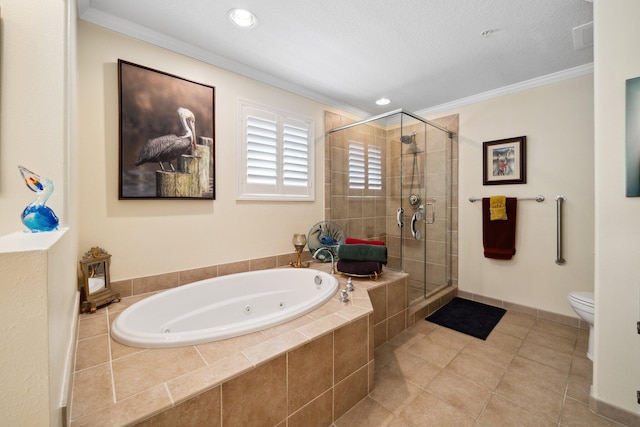 770 Harbor Blvd Unit 1J, Destin, FL 32541 - bathroom with a whirlpool tub, a shower stall, crown molding, toilet, and tile patterned flooring