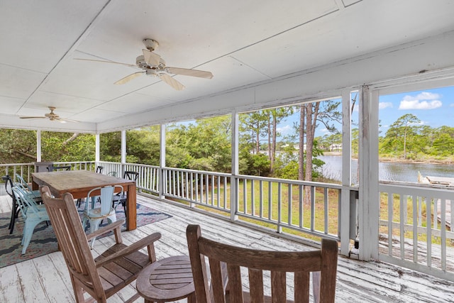 84 Old Miller Pl, Santa Rosa Beach, FL 32459 - sunroom featuring a water view, ceiling fan, and outdoor dining area