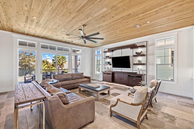 89 Shirah St, Destin, FL 32541 - living room with wood ceiling, a ceiling fan, baseboards, and recessed lighting