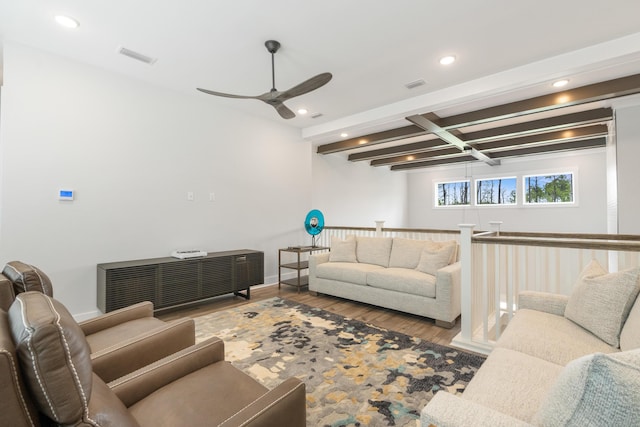 276 W Lafayette Rd, Inlet Beach, FL 32461 - living area featuring wood finished floors, ceiling fan, recessed lighting, beamed ceiling, and baseboards