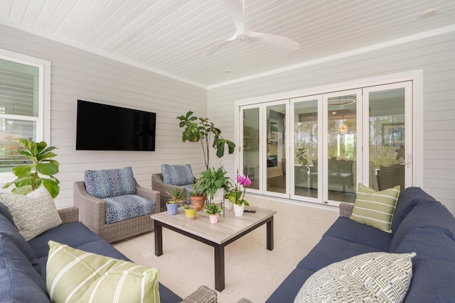 276 W Lafayette Rd, Inlet Beach, FL 32461 - living room with ceiling fan, wooden walls, and wooden ceiling