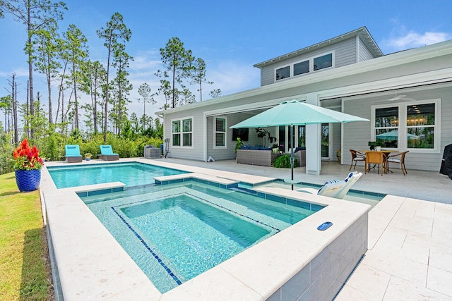 276 W Lafayette Rd, Inlet Beach, FL 32461 - view of swimming pool with a patio, a ceiling fan, a pool with connected hot tub, outdoor lounge area, and central AC unit