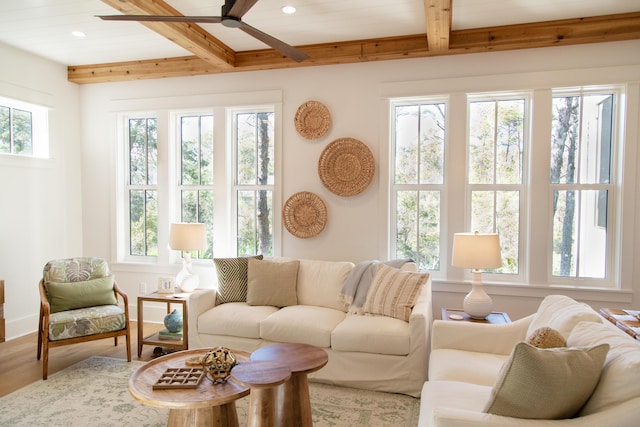 250 Beach Bike Way, Inlet Beach, FL 32461 - living area featuring beam ceiling, a ceiling fan, wood finished floors, and recessed lighting