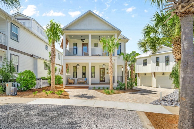 250 Beach Bike Way, Inlet Beach, FL 32461 - view of front of home featuring a porch, a balcony, ceiling fan, decorative driveway, and an attached garage