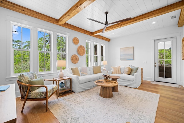 250 Beach Bike Way, Inlet Beach, FL 32461 - living room with healthy amount of natural light, light wood-style floors, a ceiling fan, wood ceiling with exposed beams, and recessed lighting