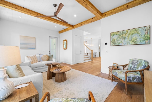 250 Beach Bike Way, Inlet Beach, FL 32461 - living area featuring light wood-type flooring, stairway, beamed ceiling, baseboards, and ceiling fan