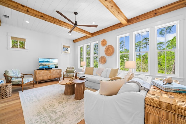 250 Beach Bike Way, Inlet Beach, FL 32461 - living area featuring recessed lighting, light wood-type flooring, a ceiling fan, and wood ceiling with exposed beams