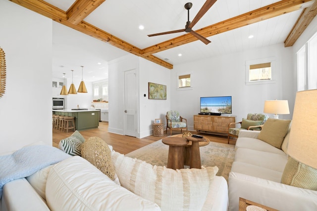 250 Beach Bike Way, Inlet Beach, FL 32461 - living area featuring beamed ceiling, recessed lighting, light wood-style floors, a ceiling fan, and baseboards