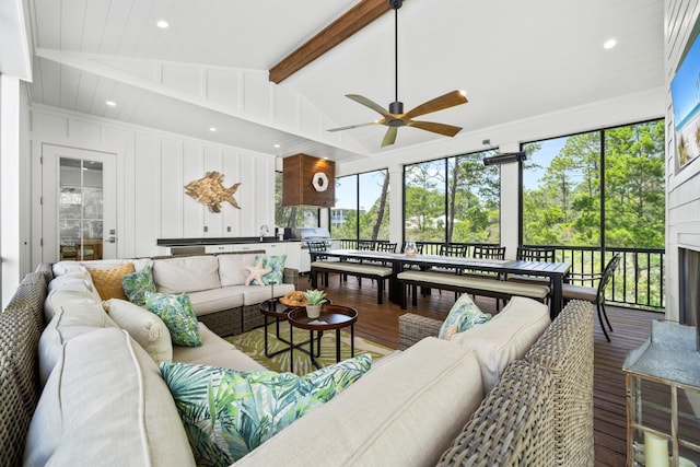 250 Beach Bike Way, Inlet Beach, FL 32461 - living area with hardwood / wood-style floors, ceiling fan, beamed ceiling, plenty of natural light, and high vaulted ceiling
