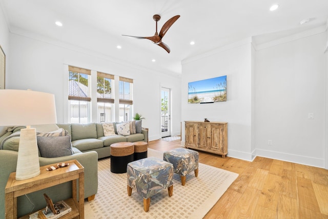 250 Beach Bike Way, Inlet Beach, FL 32461 - living room with ornamental molding, recessed lighting, ceiling fan, light wood-type flooring, and baseboards
