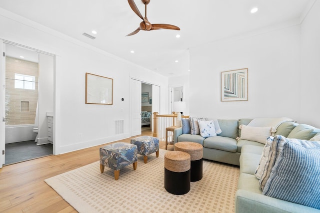 250 Beach Bike Way, Inlet Beach, FL 32461 - living room featuring wood finished floors, ceiling fan, recessed lighting, ornamental molding, and baseboards