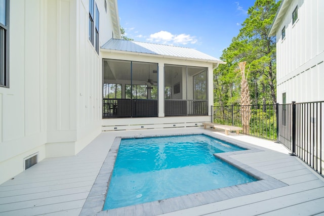 250 Beach Bike Way, Inlet Beach, FL 32461 - view of swimming pool with a sunroom, ceiling fan, and a wooden deck