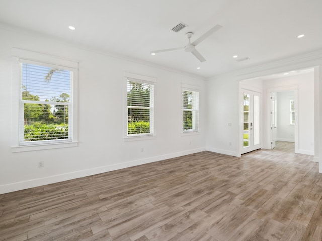 14 Bayshore Pines Ct, Miramar Beach, FL 32550 - empty room featuring ceiling fan, light wood-style flooring, crown molding, baseboards, and recessed lighting