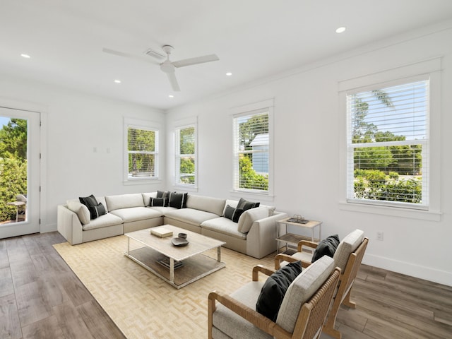 14 Bayshore Pines Ct, Miramar Beach, FL 32550 - living area featuring ceiling fan, wood finished floors, recessed lighting, and baseboards
