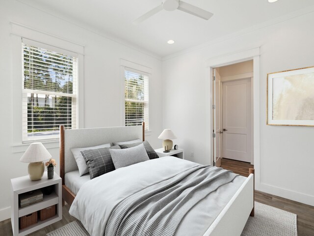 14 Bayshore Pines Ct, Miramar Beach, FL 32550 - bedroom with wood finished floors, baseboards, recessed lighting, crown molding, and a ceiling fan