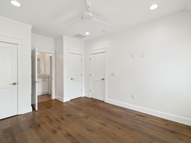 14 Bayshore Pines Ct, Miramar Beach, FL 32550 - unfurnished bedroom featuring ornamental molding, recessed lighting, dark wood-type flooring, baseboards, and a ceiling fan
