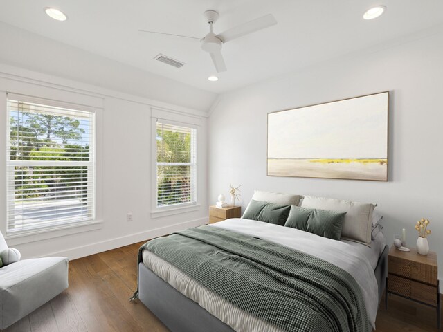 14 Bayshore Pines Ct, Miramar Beach, FL 32550 - bedroom with baseboards, recessed lighting, wood finished floors, ceiling fan, and lofted ceiling
