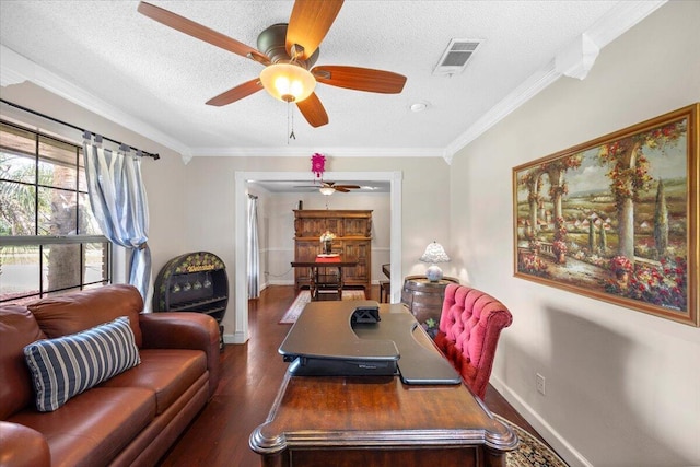 3995 Spanish Moss Cv, Gulf Breeze, FL 32563 - living area with dark wood-style floors, ceiling fan, ornamental molding, and a textured ceiling