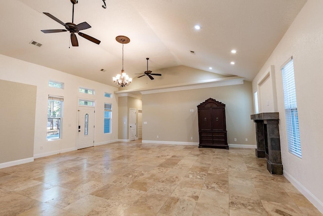 2007 Bayshore Dr, Niceville, FL 32578 - unfurnished living room with a ceiling fan, a tile fireplace, recessed lighting, a chandelier, and high vaulted ceiling