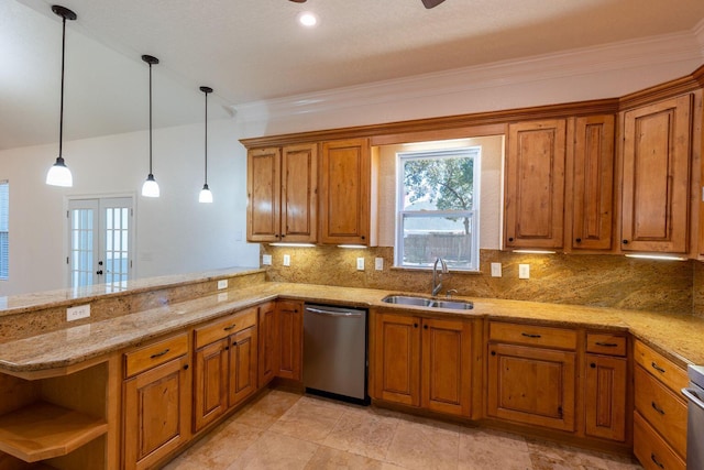 2007 Bayshore Dr, Niceville, FL 32578 - kitchen with stainless steel dishwasher, brown cabinets, decorative backsplash, pendant lighting, and open shelves