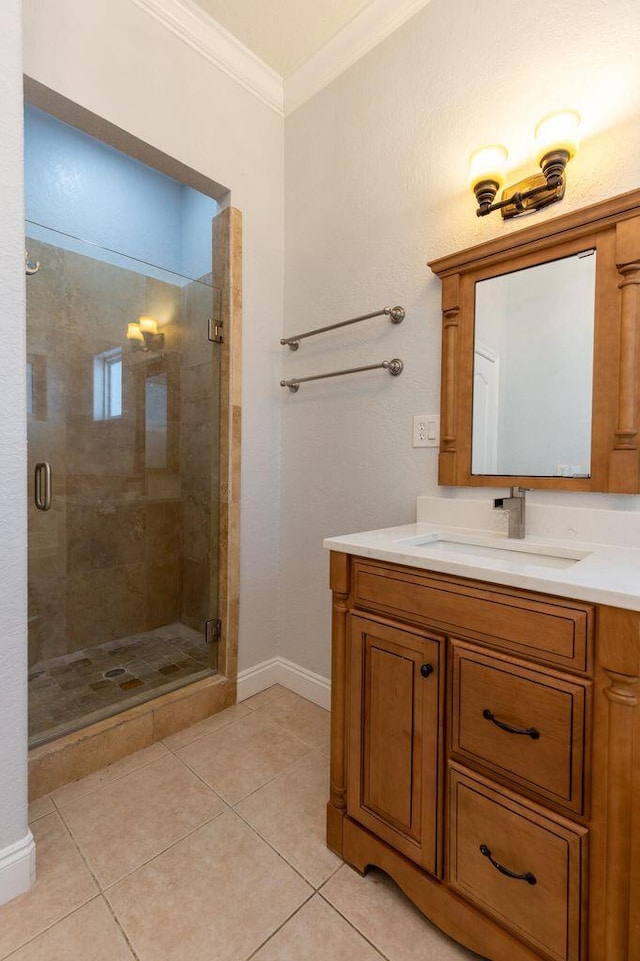 2007 Bayshore Dr, Niceville, FL 32578 - bathroom with ornamental molding, vanity, a stall shower, and tile patterned flooring