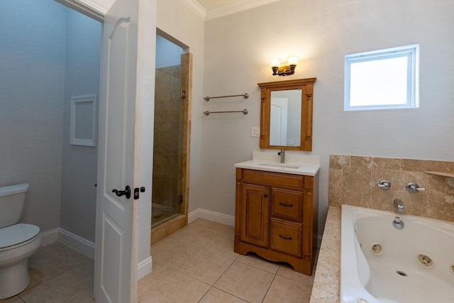 2007 Bayshore Dr, Niceville, FL 32578 - bathroom featuring a whirlpool tub, vanity, a stall shower, ornamental molding, and tile patterned flooring