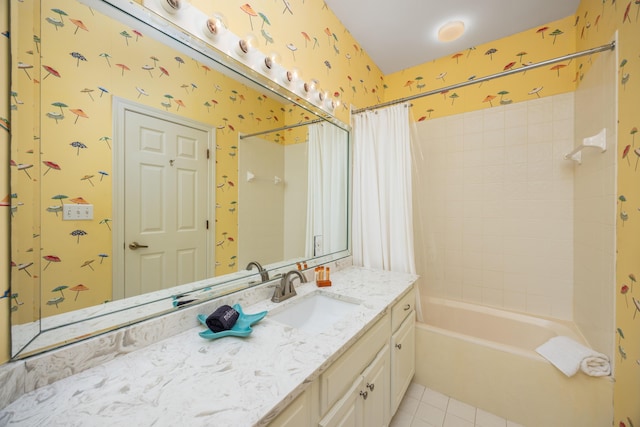 9815 US Highway 98 Unit 34, Miramar Beach, FL 32550 - bathroom with tile patterned floors, vanity, and shower / bathtub combination with curtain