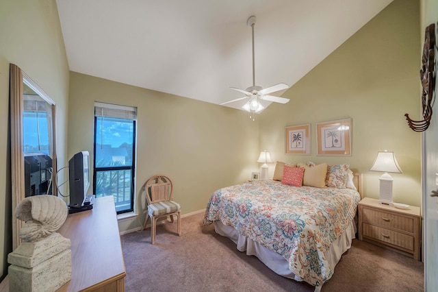 17614 Front Bch Unit E17, Panama City Beach, FL 32413 - carpeted bedroom with baseboards, ceiling fan, and high vaulted ceiling