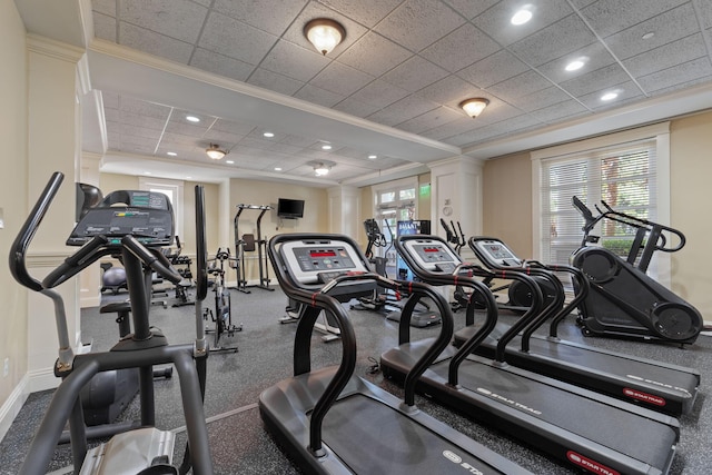 9700 Grand Sandestin Blvd Unit 4313, Miramar Beach, FL 32550 - workout area with crown molding, baseboards, a paneled ceiling, and recessed lighting