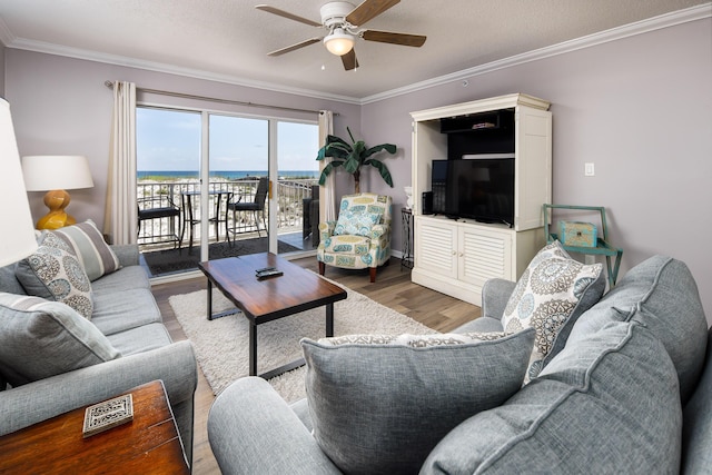376 Santa Rosa Blvd Unit 101, Fort Walton Beach, FL 32548 - living area with a ceiling fan, wood finished floors, and ornamental molding