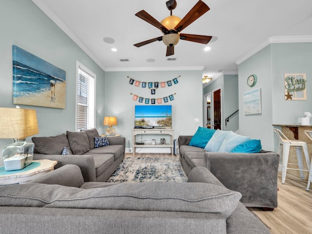 216 Tahitian Way, Destin, FL 32541 - living room featuring ornamental molding, wood finished floors, ceiling fan, and recessed lighting