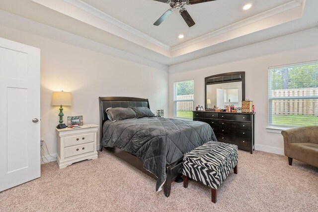 125 Hobson Ave, Crestview, FL 32539 - bedroom featuring crown molding, light colored carpet, baseboards, a raised ceiling, and recessed lighting