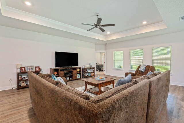 125 Hobson Ave, Crestview, FL 32539 - living area with a raised ceiling, crown molding, ceiling fan, baseboards, and wood finished floors