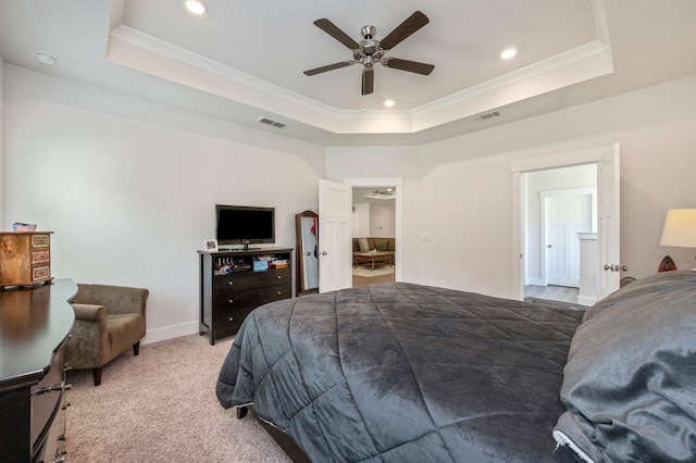125 Hobson Ave, Crestview, FL 32539 - bedroom with a raised ceiling, crown molding, recessed lighting, carpet flooring, and ceiling fan