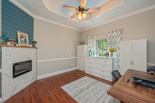 4680 Lovegrass Ln, Crestview, FL 32539 - office area with dark wood-style floors, a raised ceiling, a ceiling fan, a glass covered fireplace, and crown molding