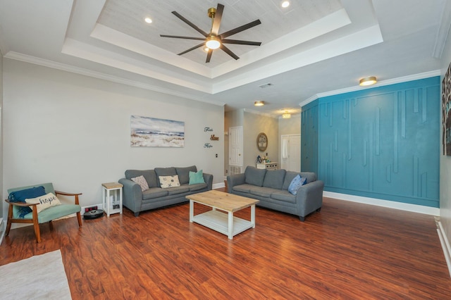 4680 Lovegrass Ln, Crestview, FL 32539 - living room with a raised ceiling, ceiling fan, wood finished floors, and recessed lighting