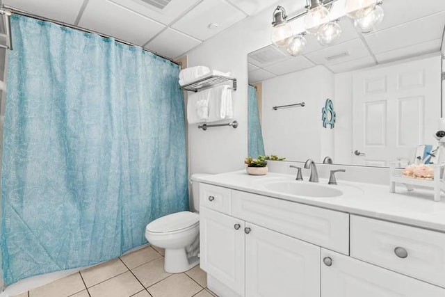 14701 Front Beach Rd Unit 1331, Panama City Beach, FL 32413 - full bath featuring tile patterned flooring, vanity, toilet, a drop ceiling, and a shower with shower curtain