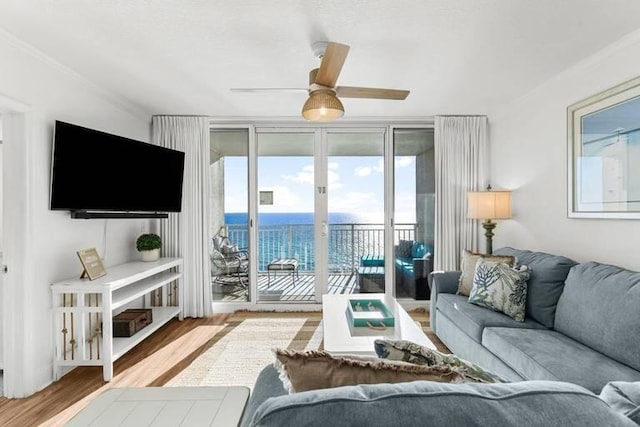 14701 Front Beach Rd Unit 1331, Panama City Beach, FL 32413 - living room with healthy amount of natural light, ceiling fan, crown molding, and wood finished floors