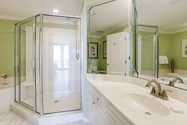 8499 Gulf Blvd Unit 303, Navarre, FL 32566 - full bathroom with vanity, a shower stall, ornamental molding, a textured ceiling, and tile patterned floors